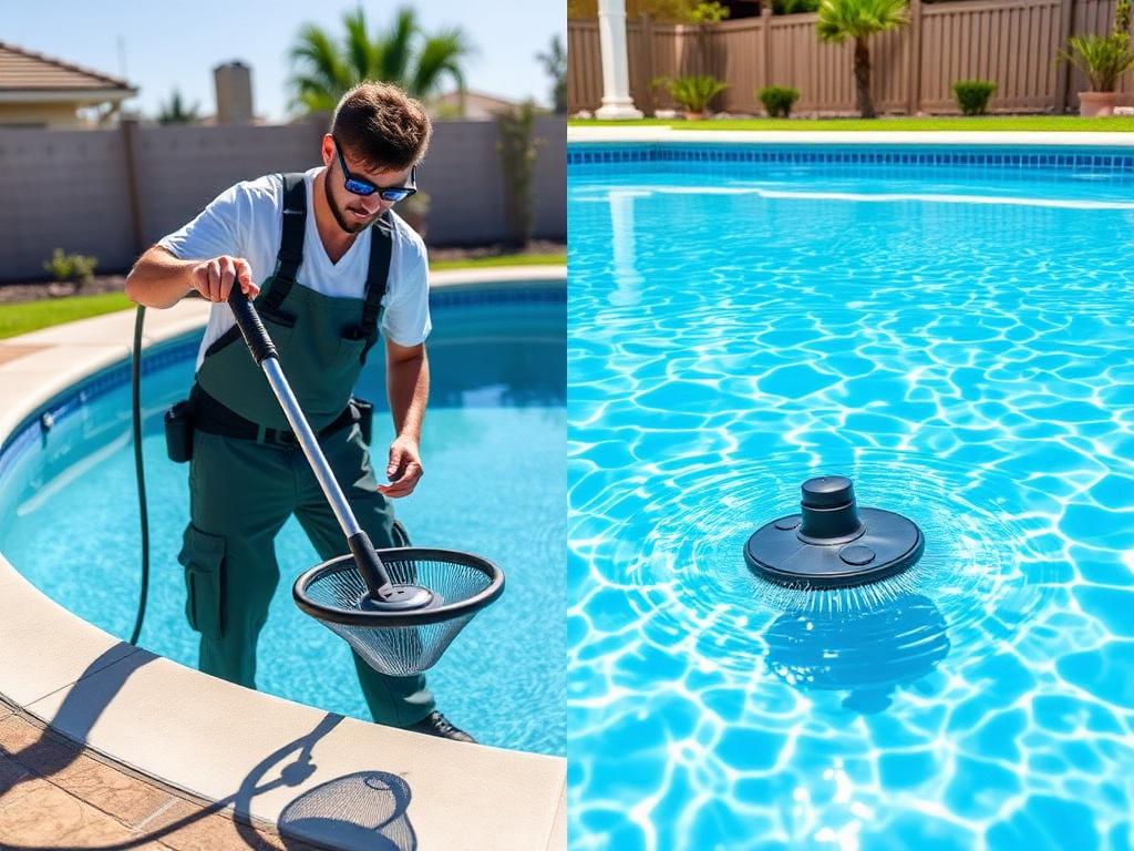 Profissional limpando piscina